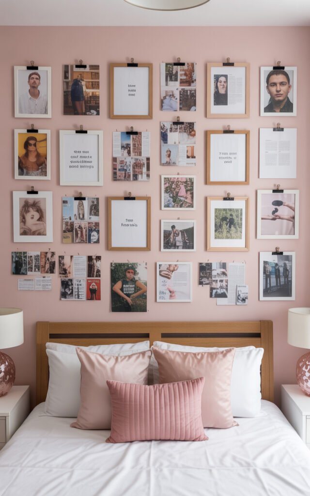 Vision board wall with organized quotes photos and goals in frames creating inspiration display