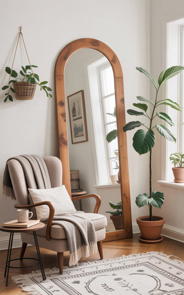 Tall arched mirror with wood frame leaning against wall next to reading chair in bright bohemian corner