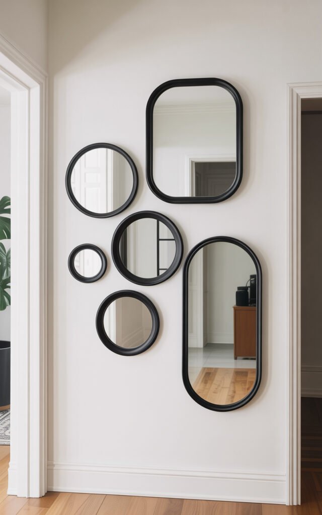 Asymmetrical arrangement of various sized black framed mirrors creating modern gallery wall