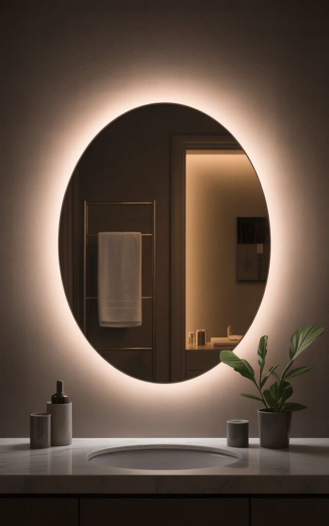 Close-up of backlit mirror with LED glow creating warm ambient lighting in dark hallway