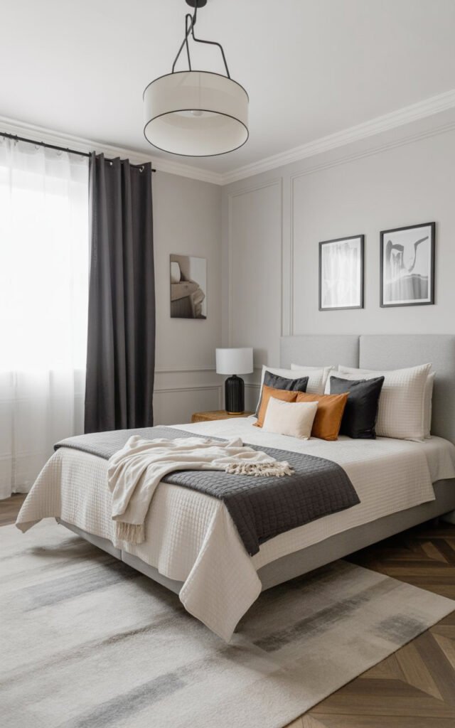Bedroom showing 60 30 10 color distribution with white gray and black creating balanced design