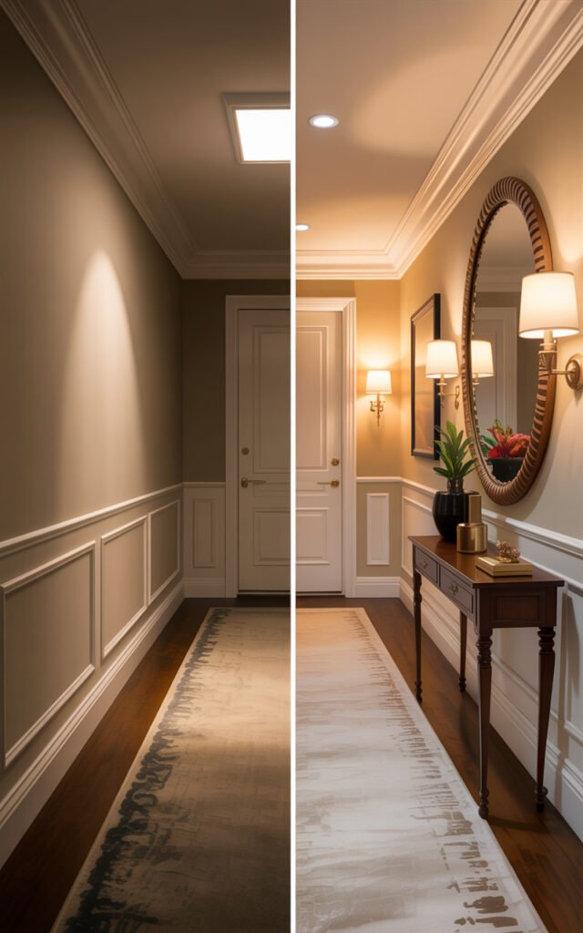 Before and after comparison showing dark hallway transformation from dingy to sophisticated with lighting