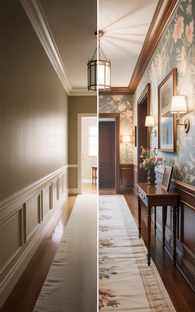 Before and after comparison showing plain hallway transformed with wallpaper lighting and decor