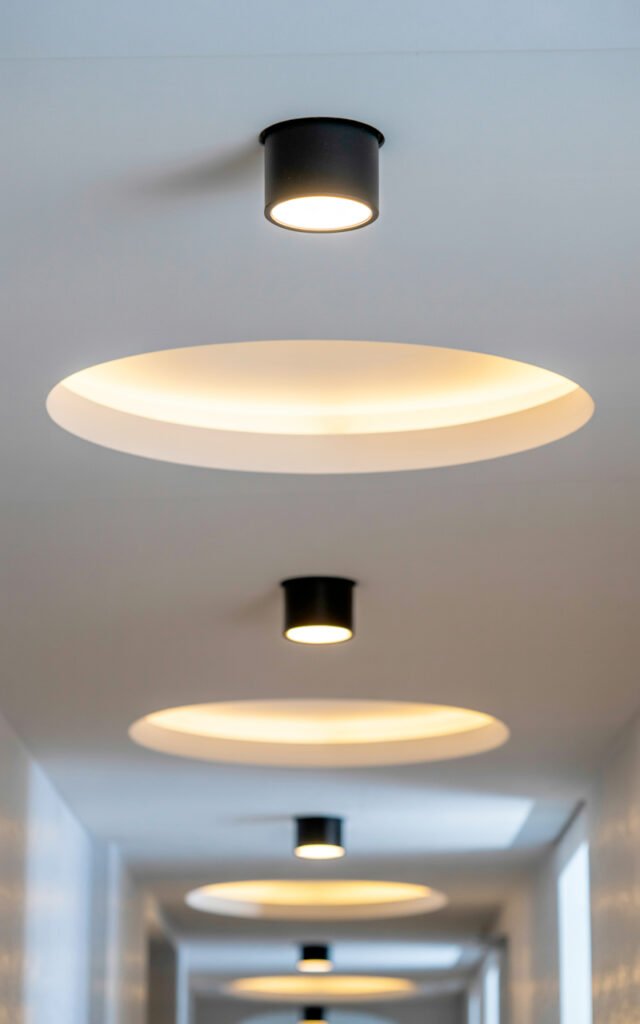 Ceiling mounted black cylinder downlights providing even ambient lighting in modern hallway