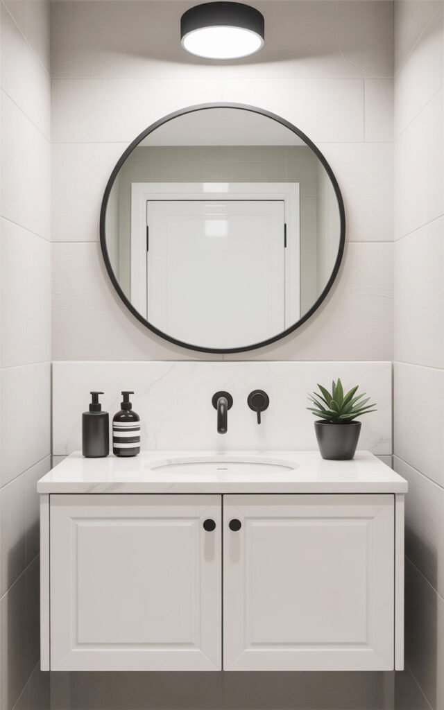 Round matte black framed mirror mounted above white vanity in modern minimalist bathroom