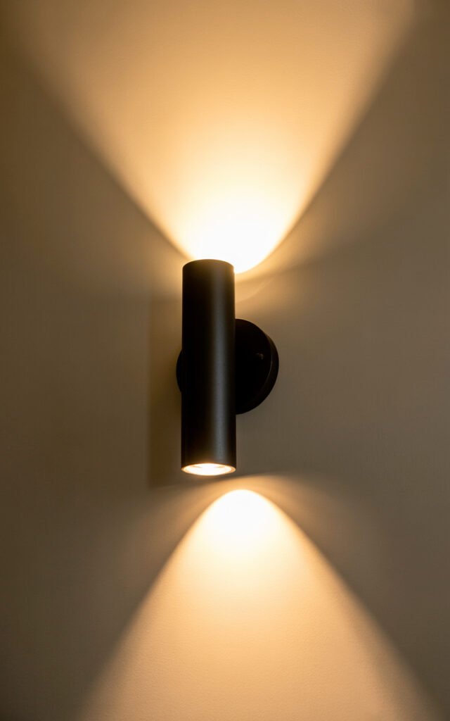 Modern black wall sconce casting warm light up and down on beige hallway wall