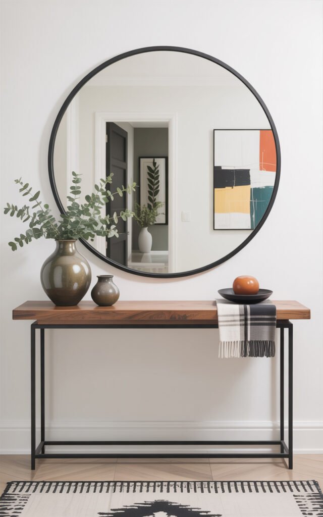 Large round mirror with thick black frame above wooden console table in modern white entryway