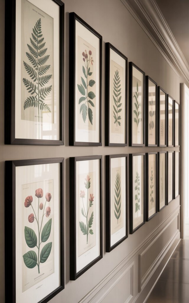Gallery wall of black framed botanical prints arranged along hallway corridor