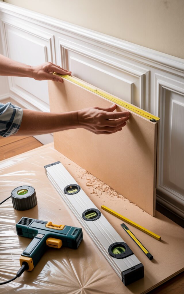 DIY wainscoting installation showing MDF boards tools and installation process for budget project