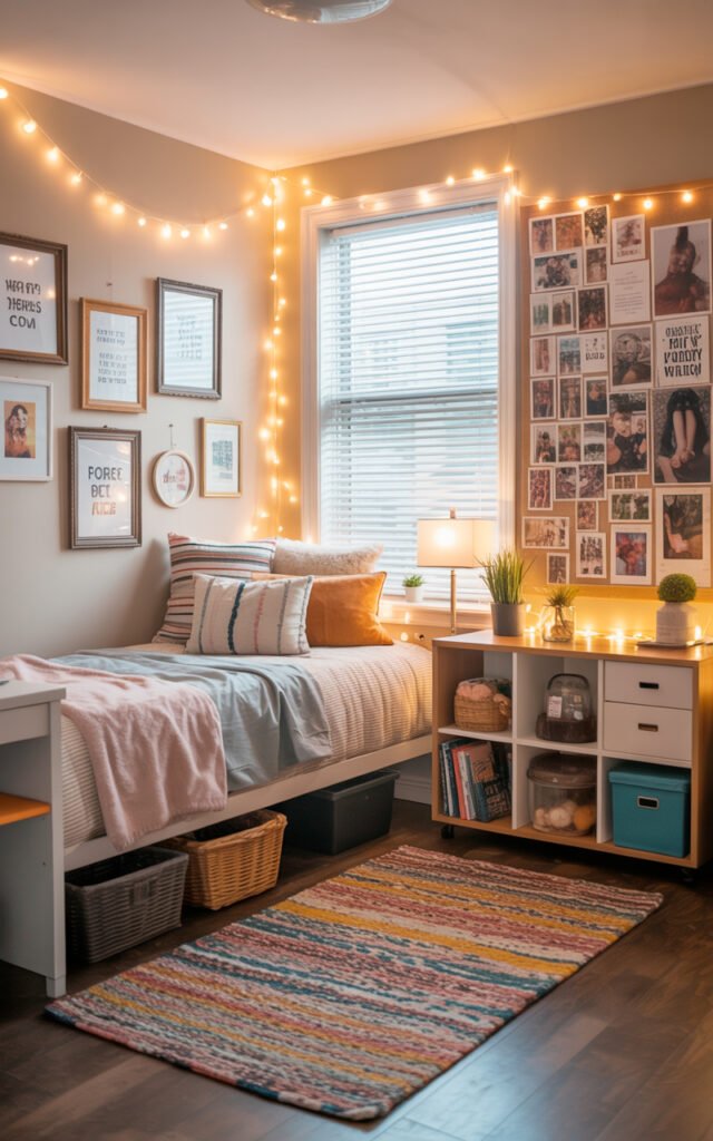 Affordable dorm room showing budget friendly decor items creating beautiful student space