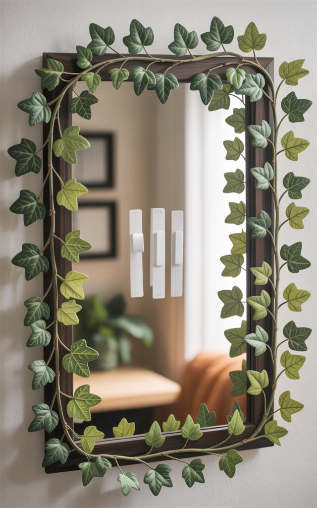 Simple mirror with affordable faux ivy garland decoration using dollar store materials
