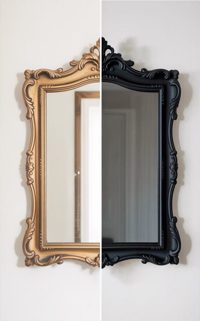 Before and after comparison showing vintage mirror frame transformed from old gold to modern matte black