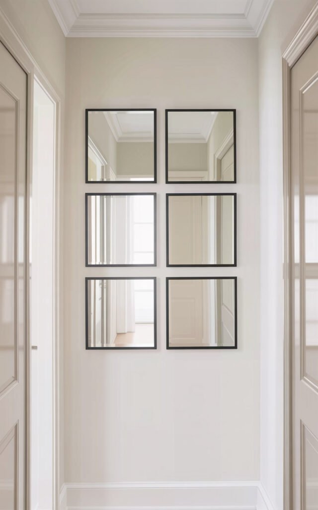Simple arrangement of six black framed IKEA mirrors creating affordable hallway gallery wall
