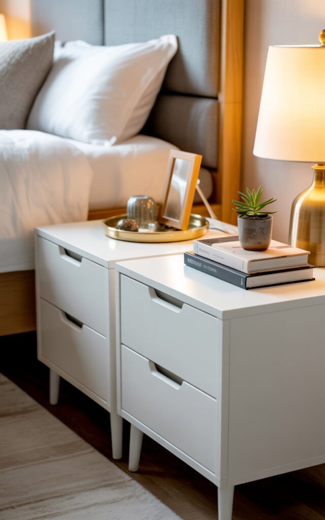 Simple white budget nightstands in couple bedroom showing affordable furniture can look upscale