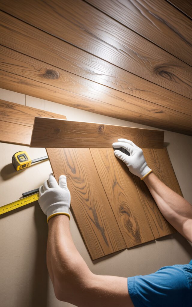 DIY installation of wood look vinyl planks on ceiling as budget friendly alternative