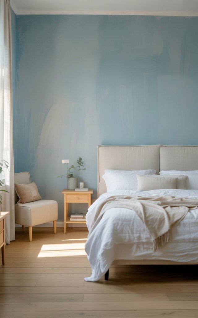 Bedroom in soft blue or warm greige showing calming color palette for better sleep