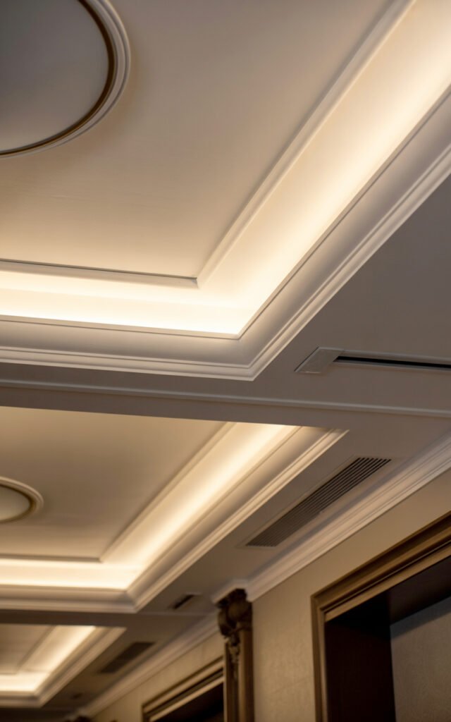 Close-up of ceiling cove with LED strip lights creating soft indirect ambient lighting
