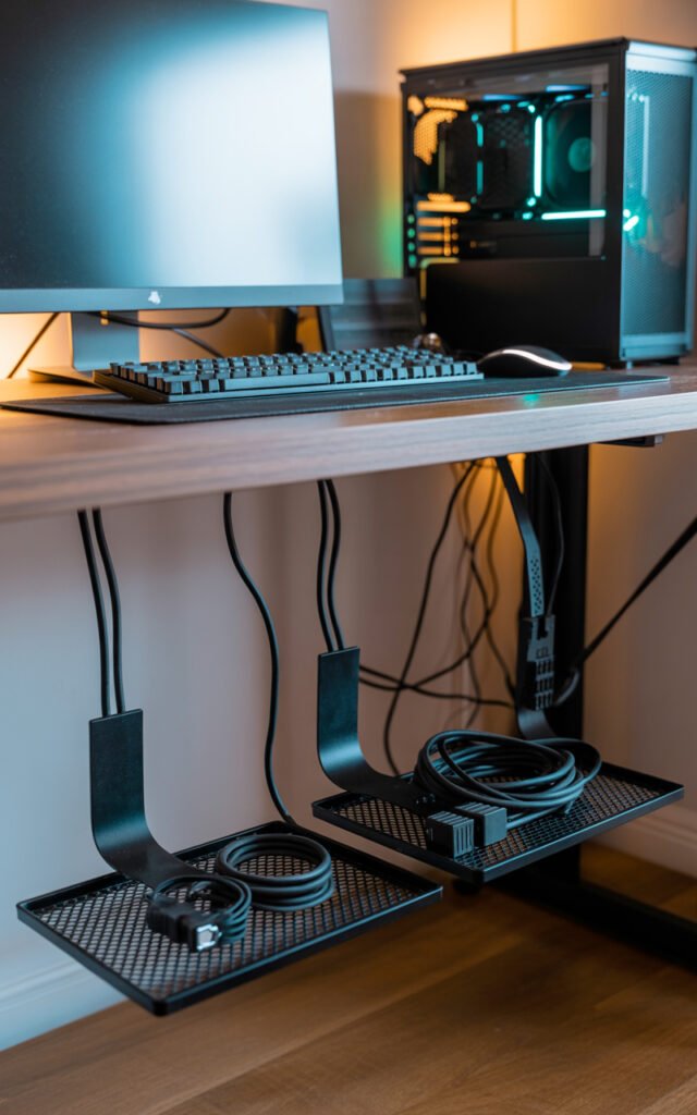 Organized cables under desk using cable trays and ties showing proper management