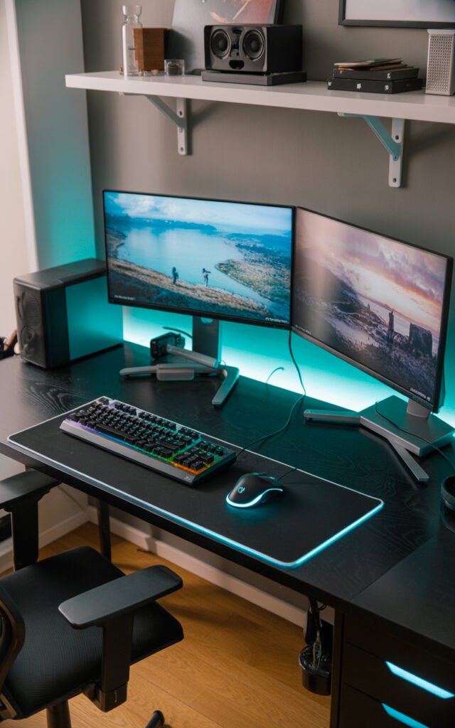 Dual gaming monitors on black desk with mechanical keyboard and organized workspace