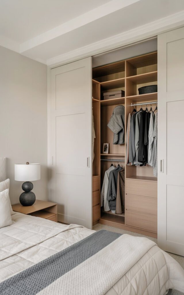 Neutral bedroom and closet with white walls wood tones and gray creating calm cohesive space