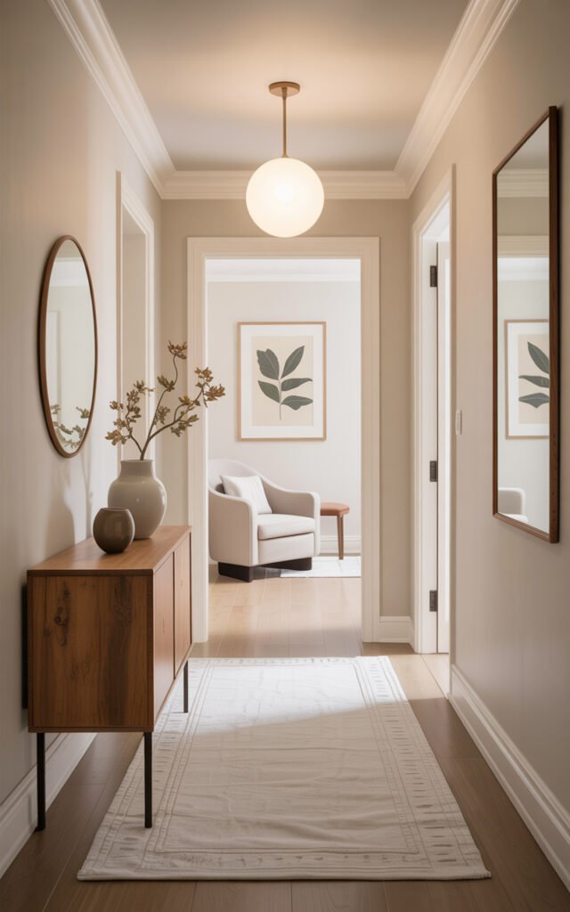Modern hallway with warm neutral color palette featuring cream beige and natural wood tones