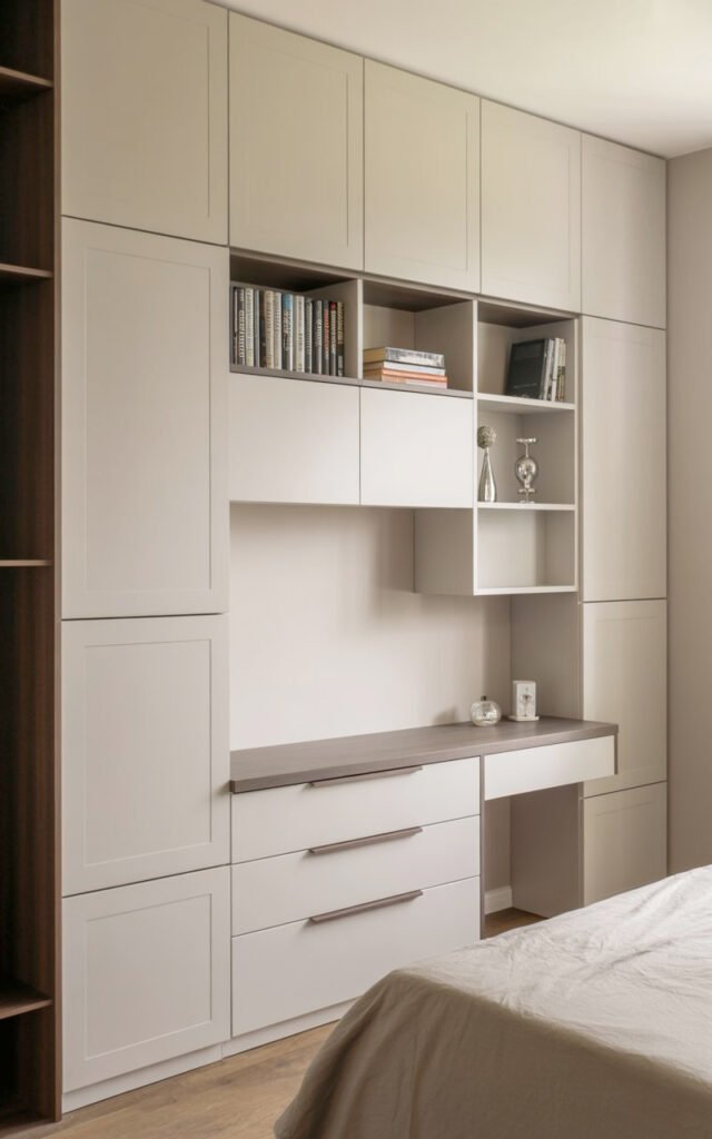 Full bedroom wall with built in drawers cabinets and shelving creating complete storage system