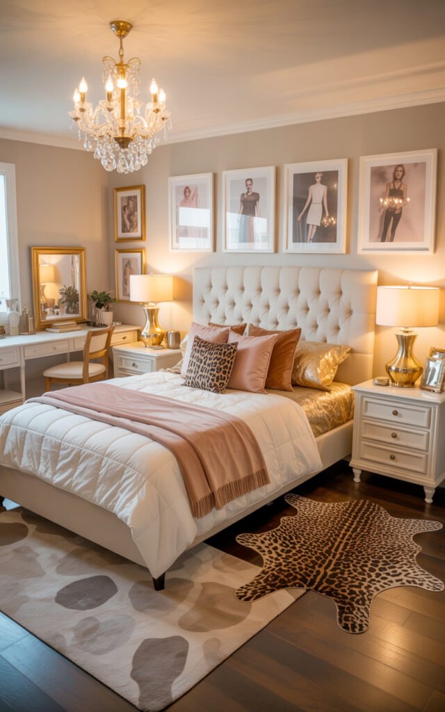 Fully styled Hollywood glam teen bedroom with chandelier fashion art leopard accents and gold lighting