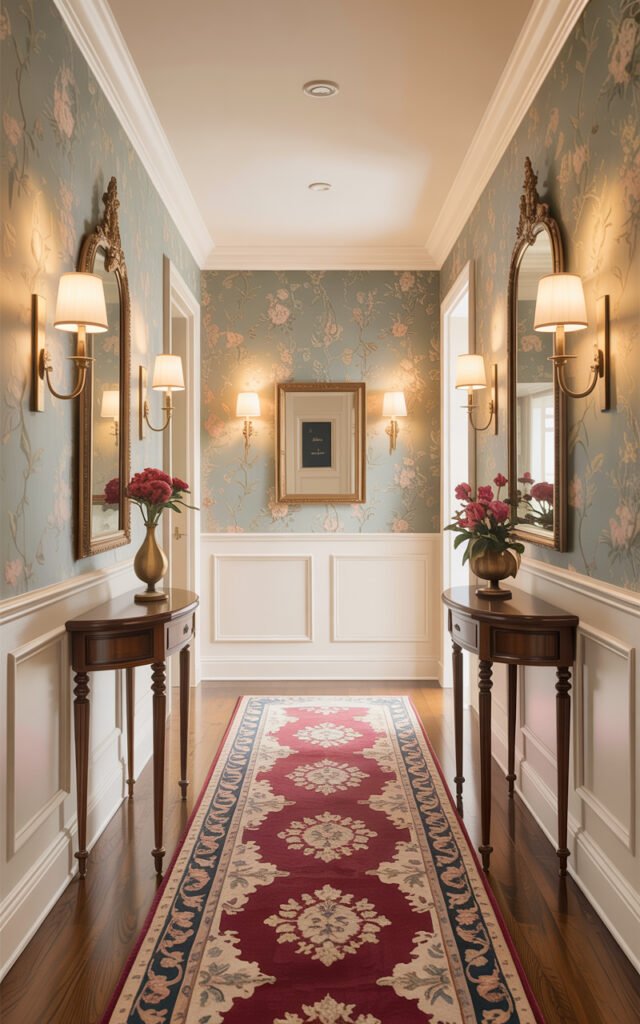 Fully decorated long hallway with wallpaper wainscoting consoles mirrors sconces and runner rug
