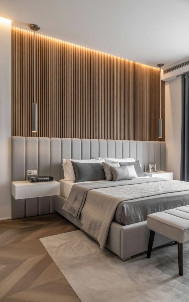 Fully designed modern bedroom with feature wall LED lighting upholstered furniture and neutral palette