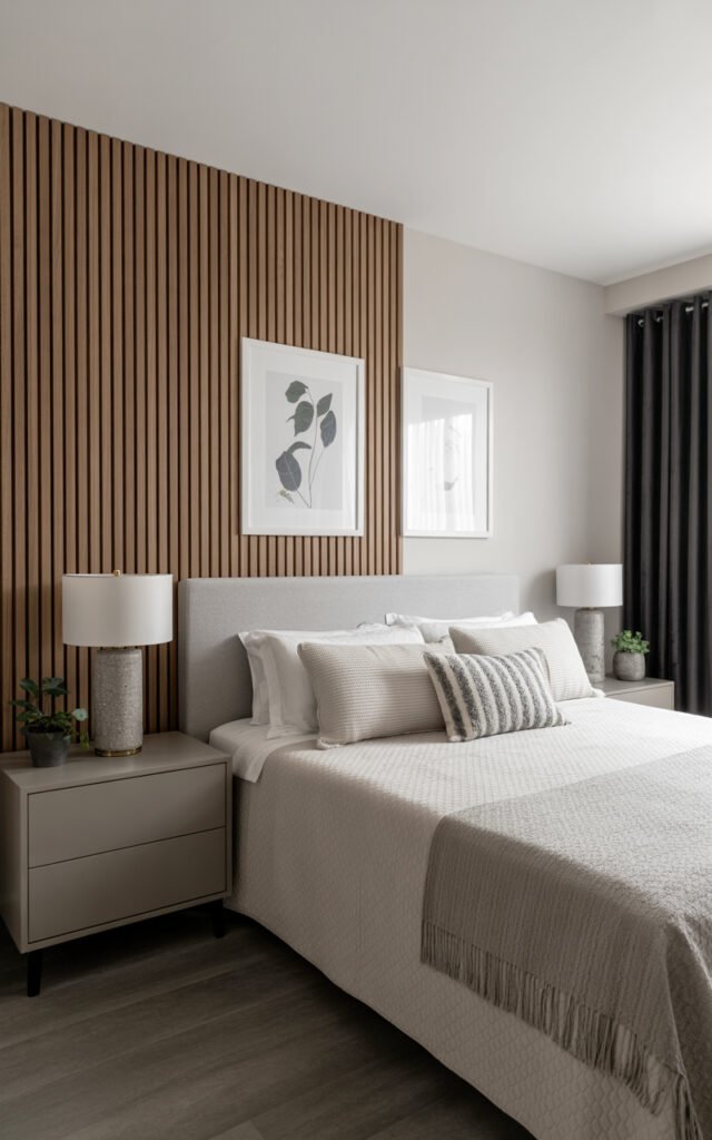 Fully designed couple bedroom with wood slat wall gray palette and minimalist decor