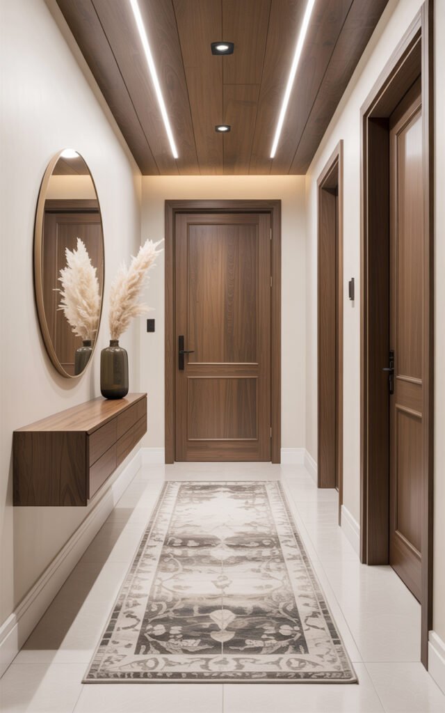 Complete modern hallway with wood ceiling floating console mirror LED lighting and neutral decor