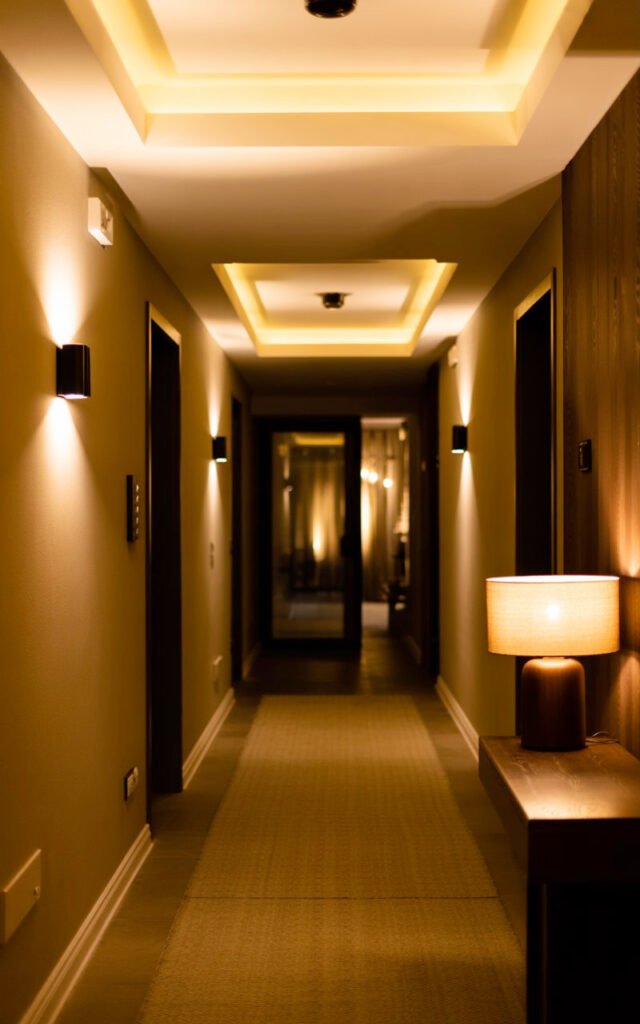 Fully lit modern hallway showing layered warm lighting from sconces ceiling lights and console lamp