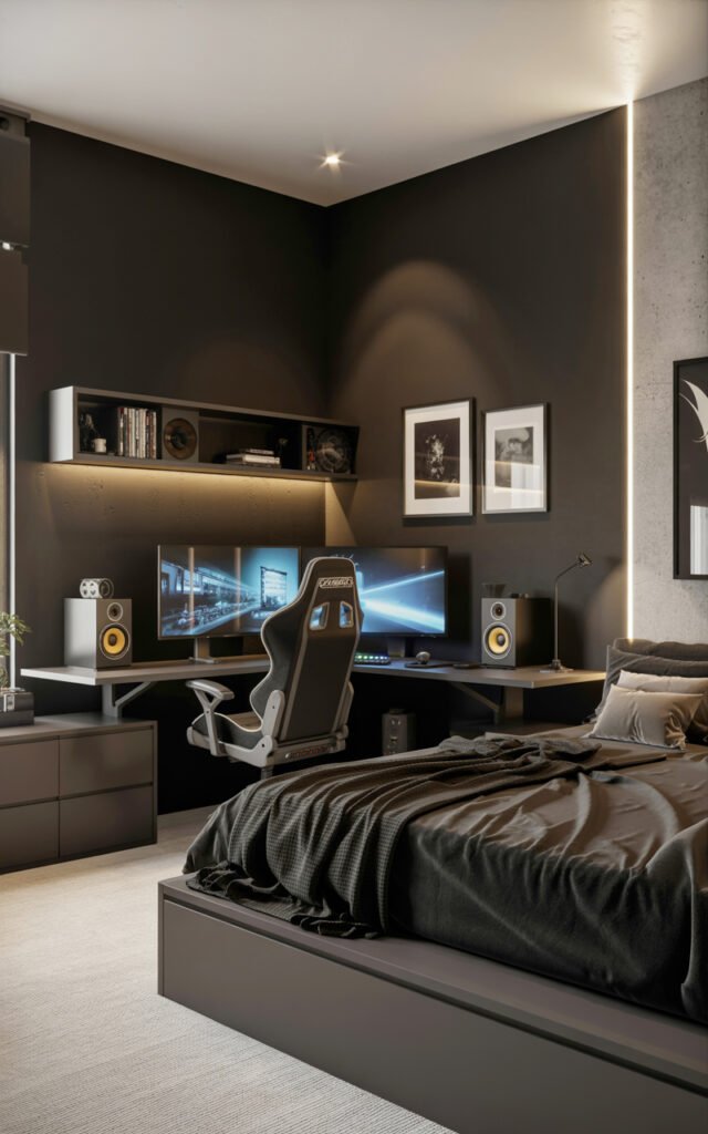 Fully designed masculine bedroom with gaming desk concrete wall and dark industrial aesthetic
