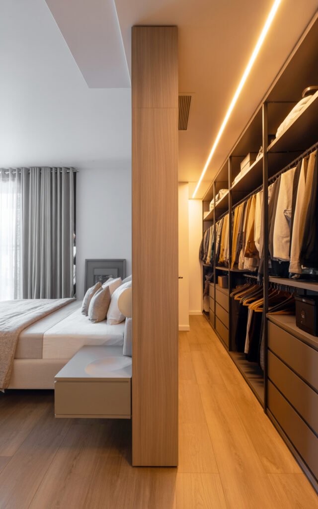 Full view of small bedroom with open walk-in closet showing complete integrated space design