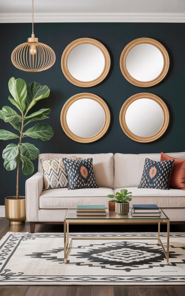 Fully styled living room with oval gold mirror set dark wall sofa plant and pendant light