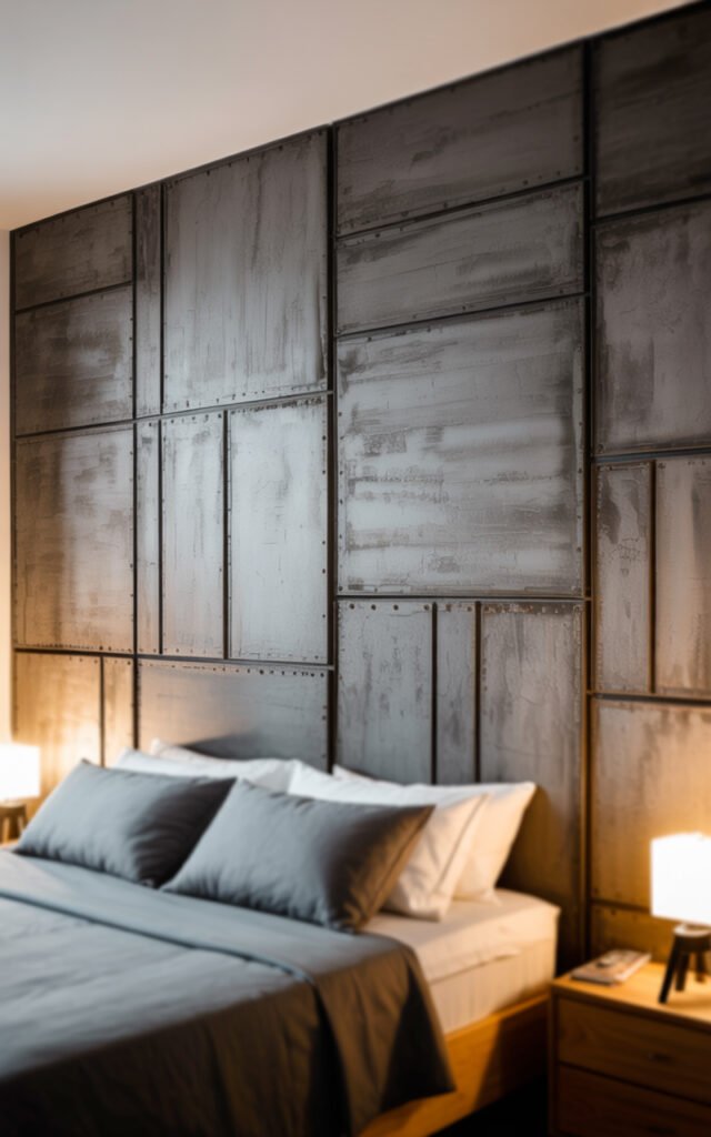 Textured concrete panels on bedroom wall creating industrial masculine aesthetic