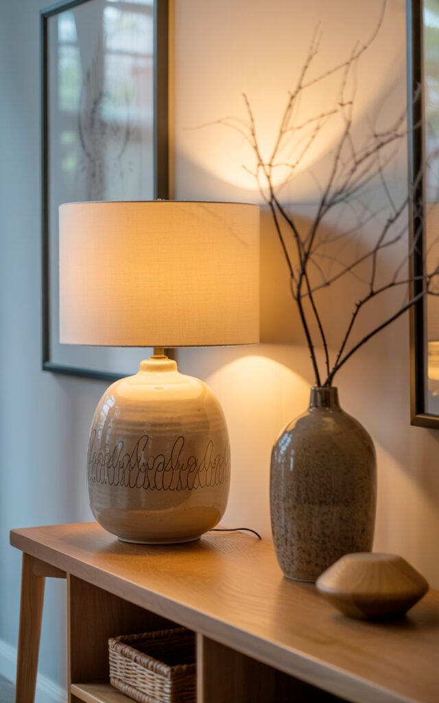 Console table with ceramic lamp creating warm welcoming light in hallway entrance