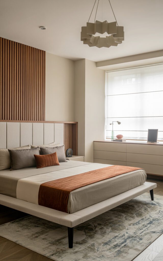 Modern bedroom featuring clean lined furniture geometric lighting and mix of wood and metal materials