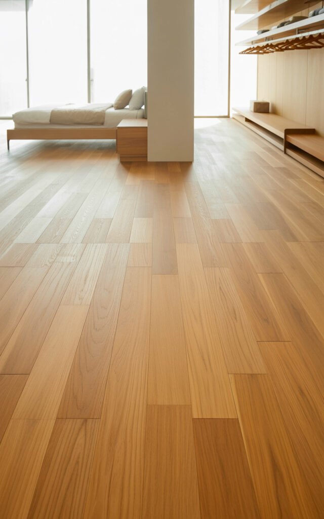 Light wood floors flowing seamlessly from bedroom to closet creating unified space