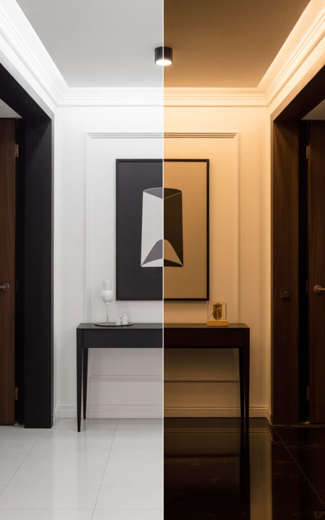 Comparison showing black and white entryway with cool versus warm lighting temperature