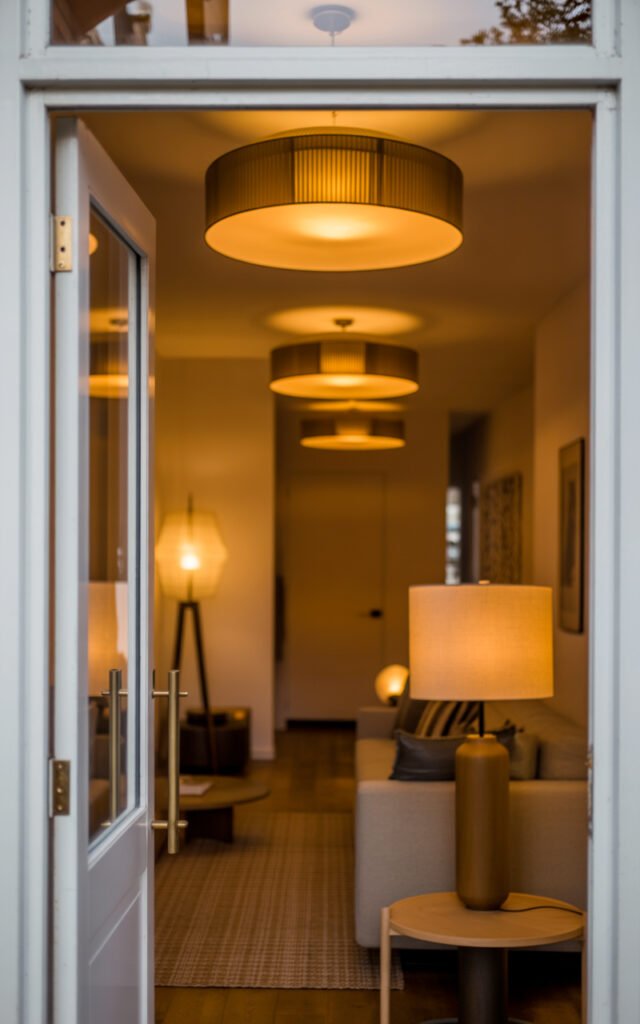 Hallway and living room with coordinated warm lighting showing design continuity between spaces