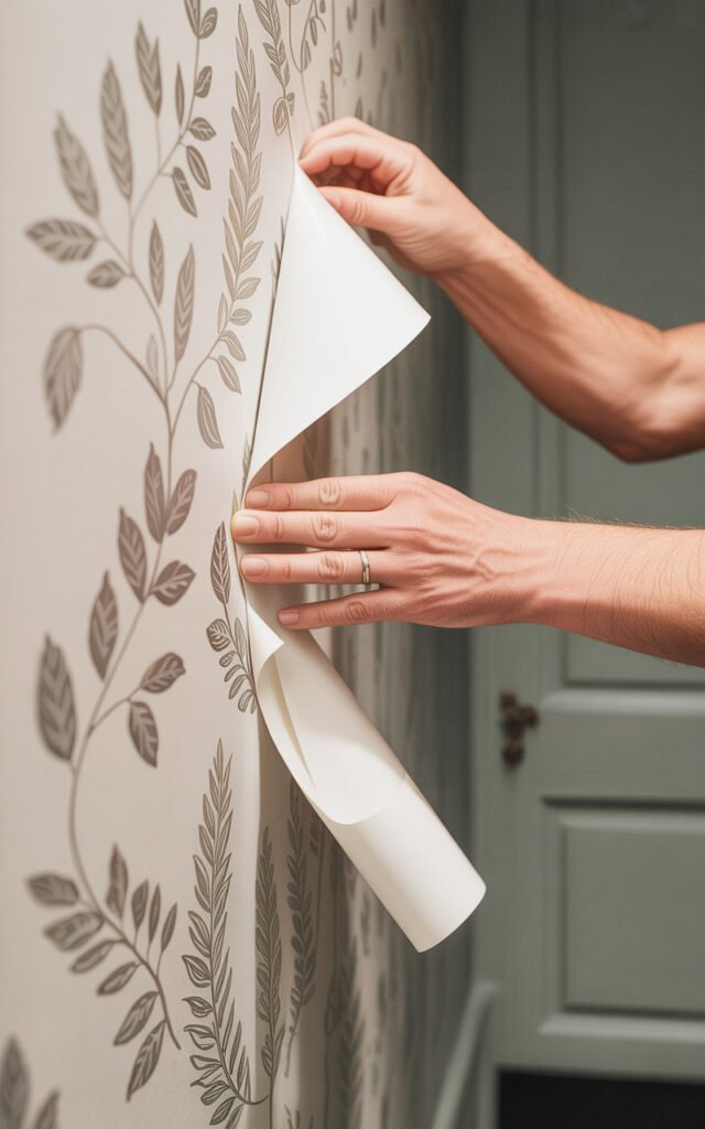 Hands installing removable peel and stick wallpaper on hallway wall showing DIY process