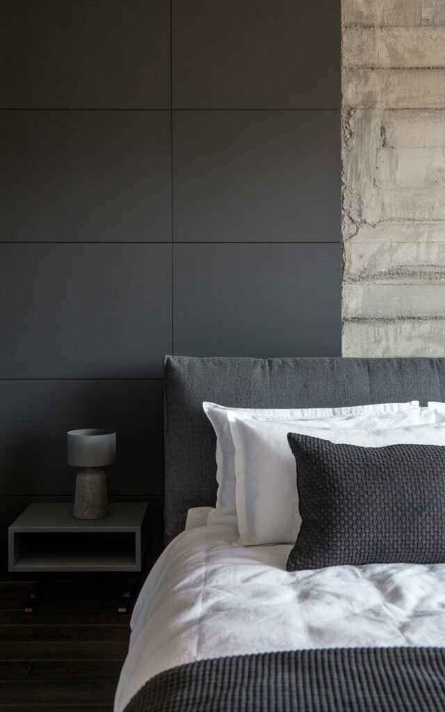 Dark gray walls with concrete texture panel showing industrial masculine bedroom aesthetic