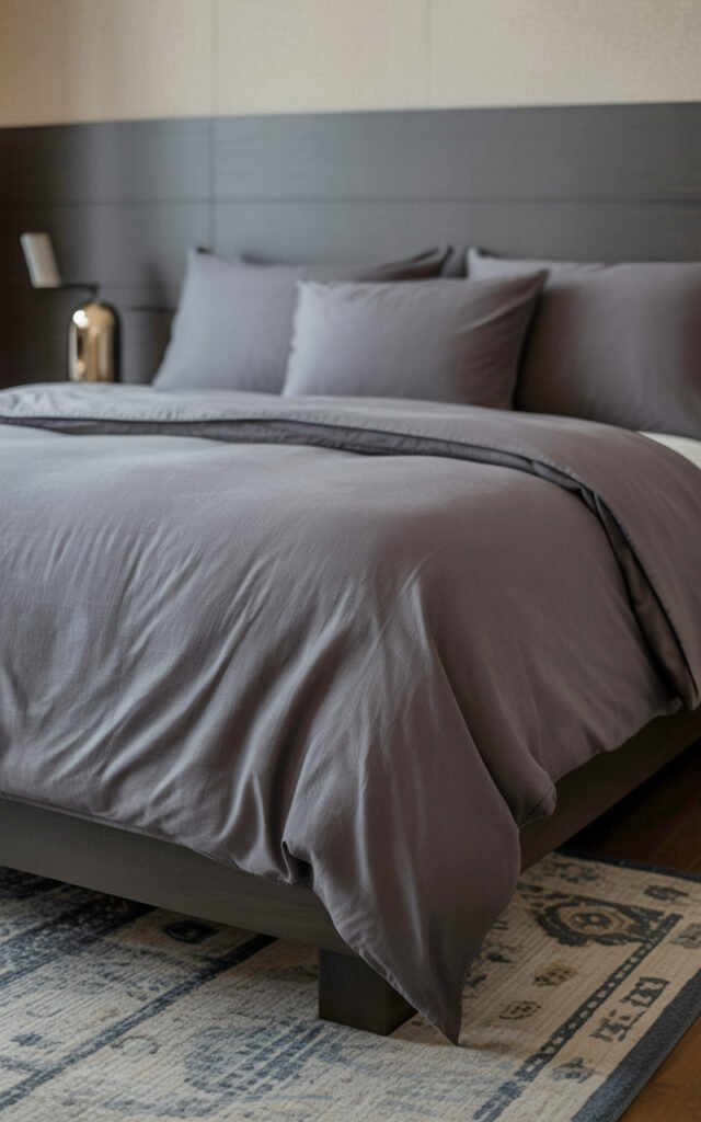 Dark charcoal bedding with minimal pillows showing practical masculine bedroom styling