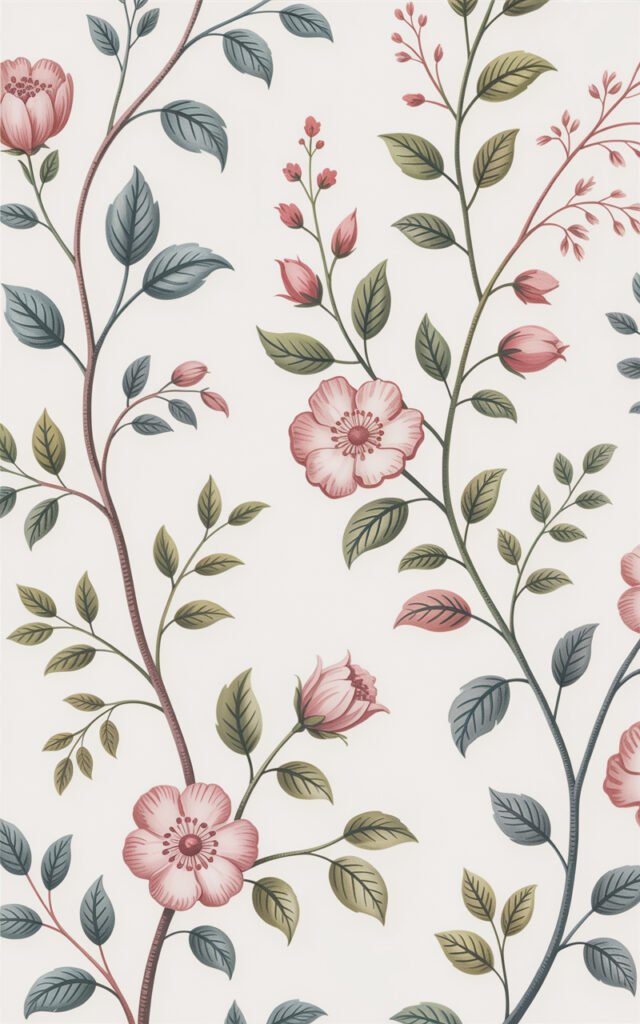 Close-up of botanical floral wallpaper with delicate branches and pink flowers on soft background