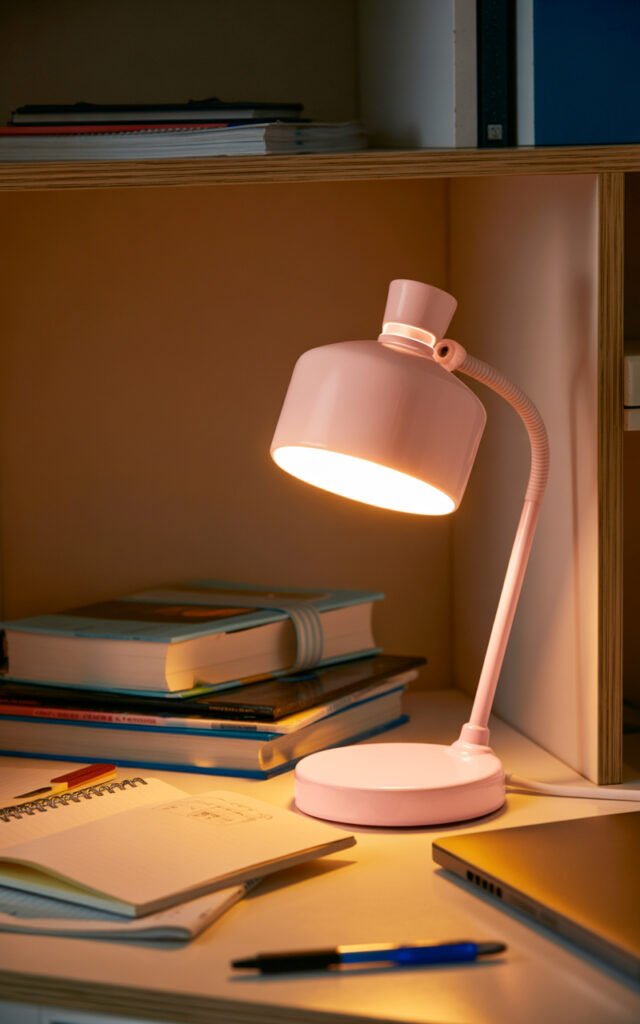 Small desk lamp with warm bulb providing task lighting for student studying in dorm