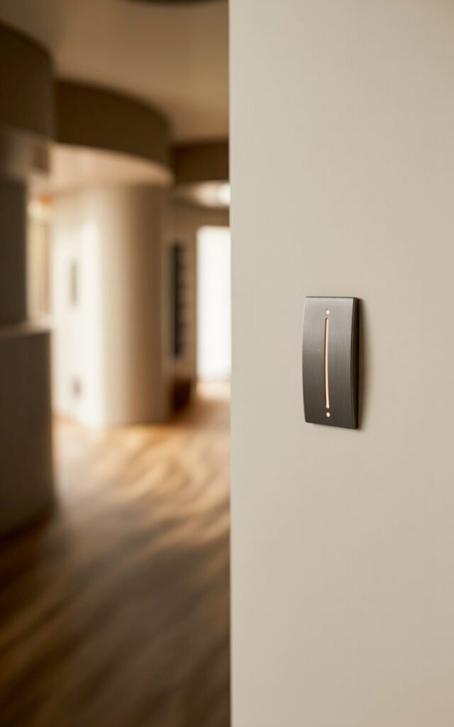 Dimmer switch on wall allowing adjustable lighting levels in modern hallway