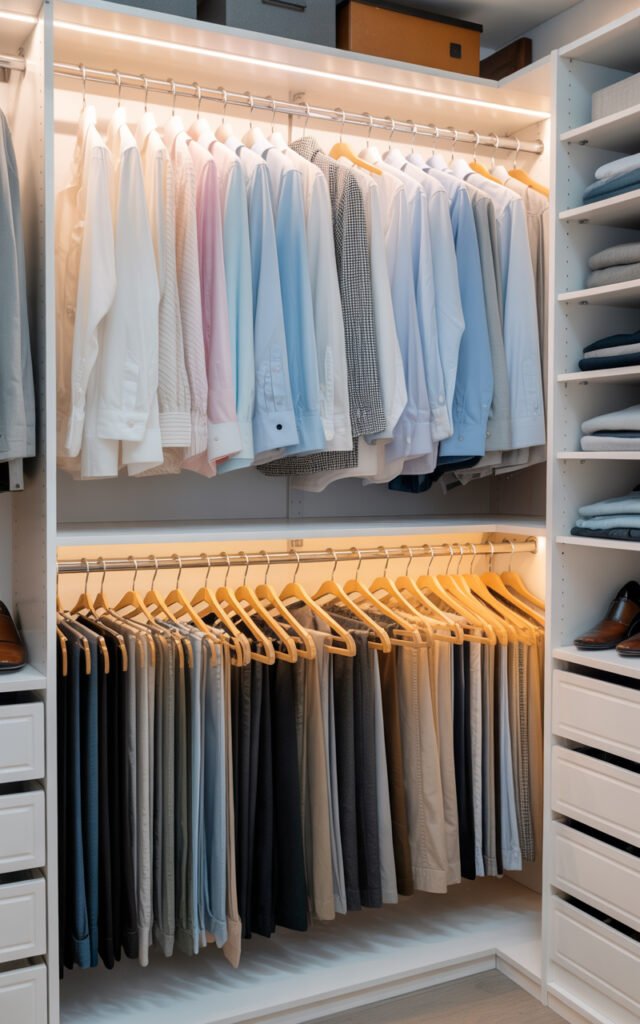 Double hanging rods in closet with shirts above and pants below maximizing vertical space