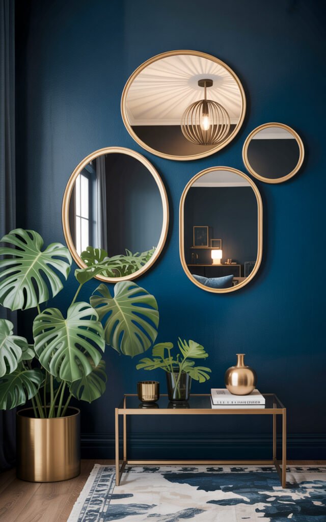 Oval gold mirrors on dark navy accent wall with pendant light and plant creating moody atmosphere