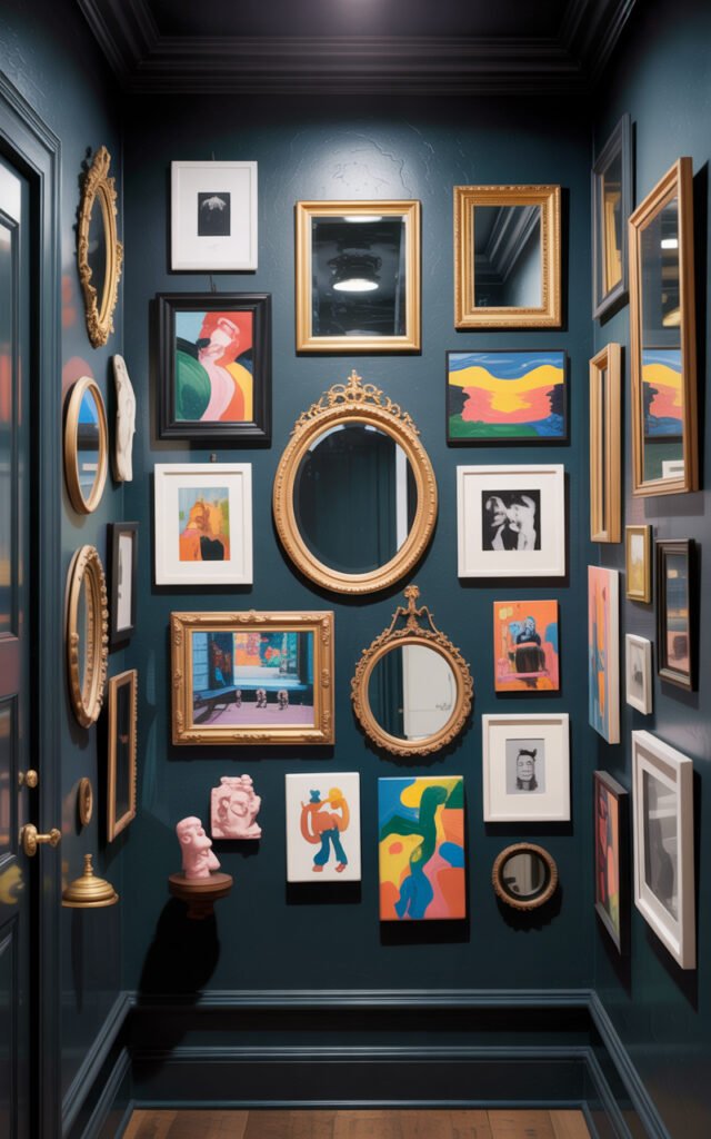 Mixed art and mirror gallery wall on dark charcoal hallway creating funky eclectic style